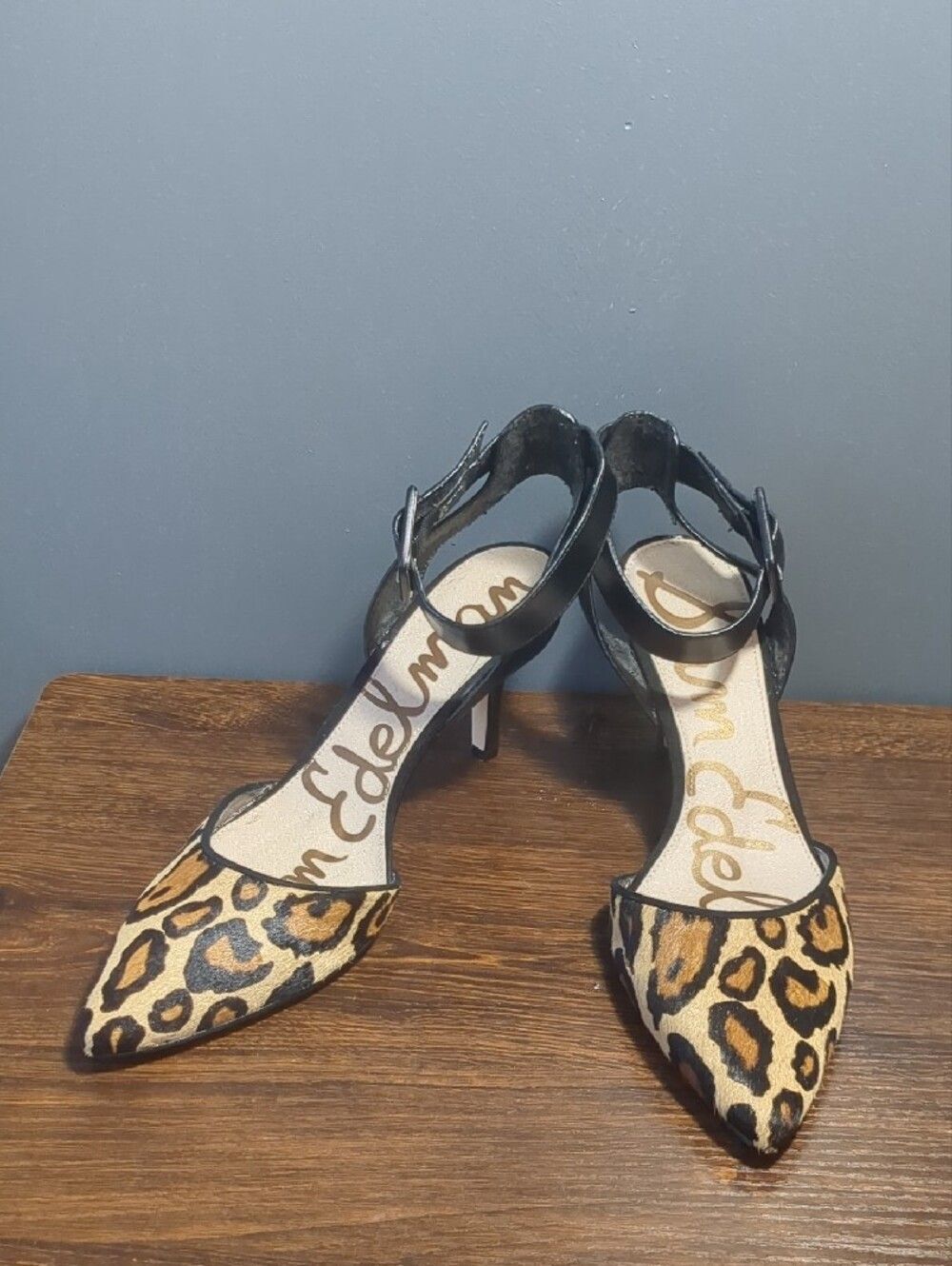 Sam Edelman Black Leather & Leopard Print Point Toe Okala Heels, sz 9